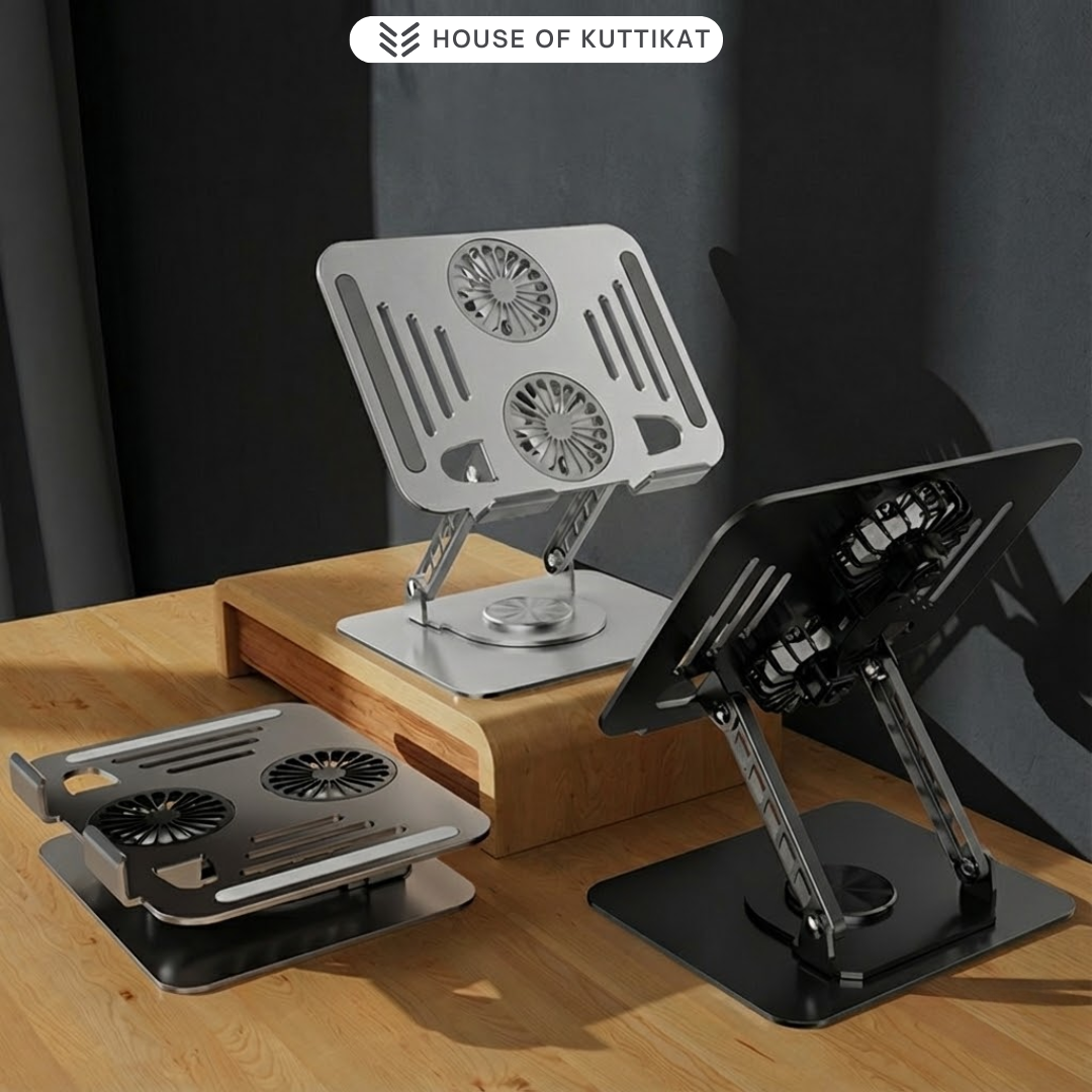 Kuttikat AeroFlow D5 Laptop Stand with Dual Cooling Fans – Adjustable Ergonomic Riser for Office & Gaming (10–17.3 Inch) - Silver Color