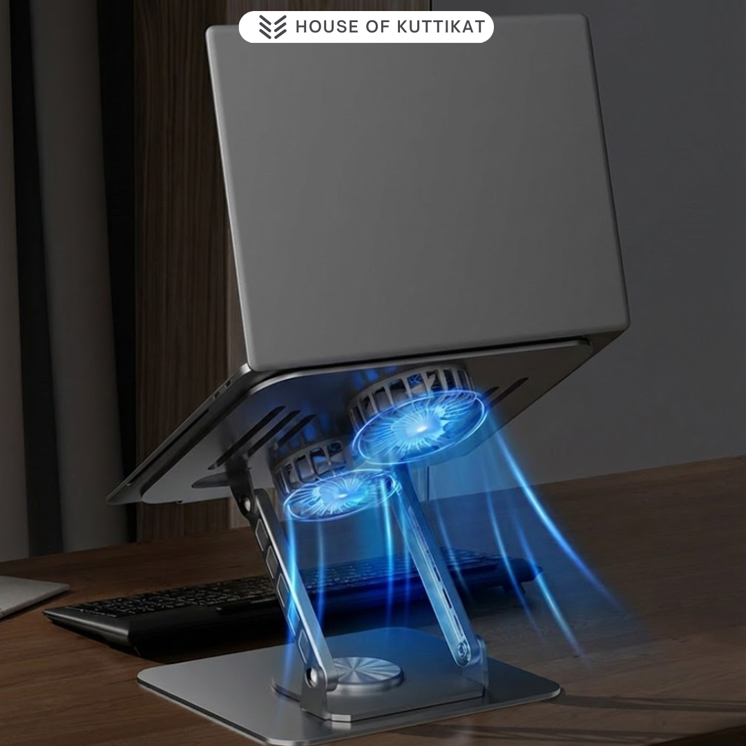 Kuttikat AeroFlow D5 Laptop Stand with Dual Cooling Fans – Adjustable Ergonomic Riser for Office & Gaming (10–17.3 Inch) - Silver Color