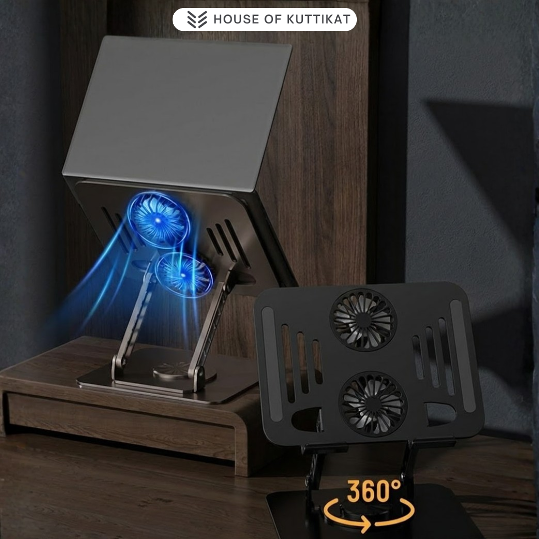 Kuttikat AeroFlow D5 Laptop Stand with Dual Cooling Fans – Adjustable Ergonomic Riser for Office & Gaming (10–17.3 Inch) - Silver Color