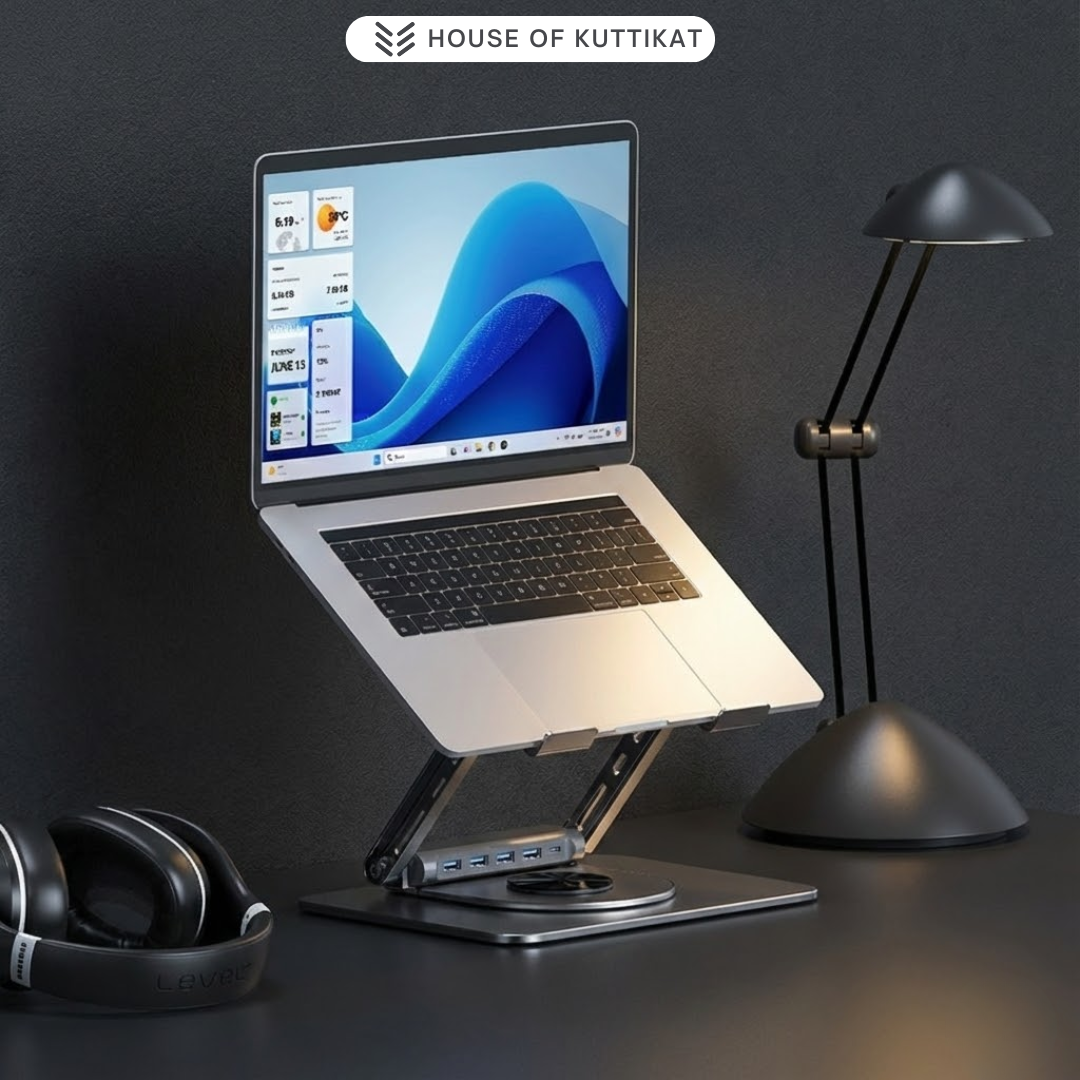 Kuttikat DockFlat H2 Laptop Stand with Horizontal USB Hub & Docking Station – Adjustable Ergonomic Riser for Office & Home (10–17.3 Inch)