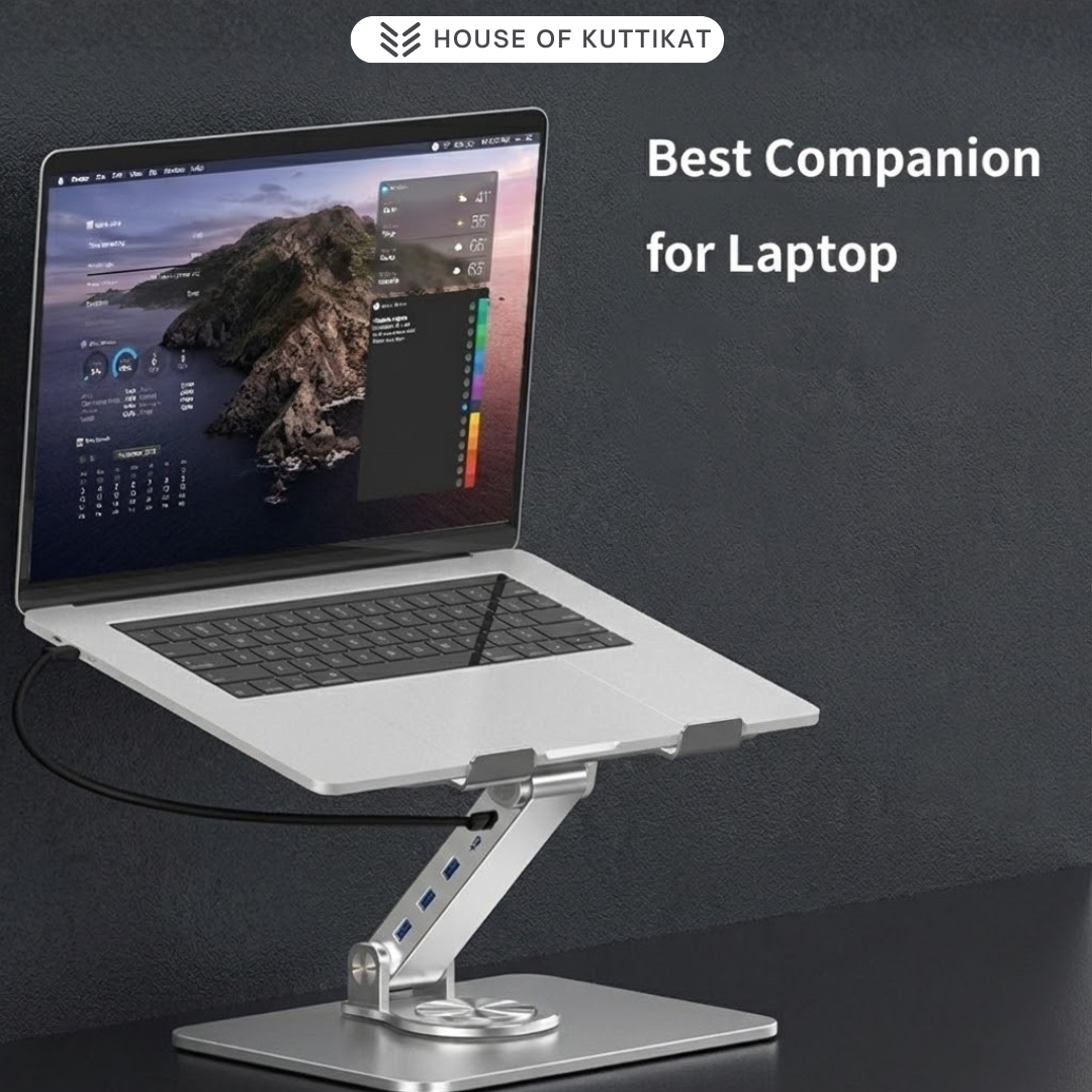 Kuttikat DockPro V3 360° Rotating Laptop Stand with Vertical USB Hub – Adjustable Ergonomic Riser for Office & Home (10–17.3 Inch)
