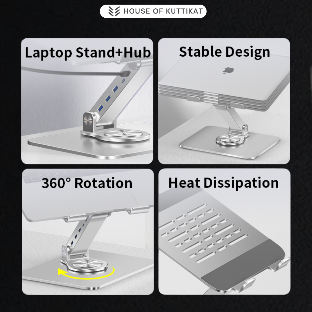 Kuttikat DockPro V3 360° Rotating Laptop Stand with Vertical USB Hub – Adjustable Ergonomic Riser for Office & Home (10–17.3 Inch)